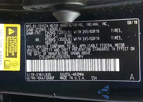 2018 Toyota Highlander Se/Xle из США, поврежденный, VIN 5TDJZRFH5JS561076